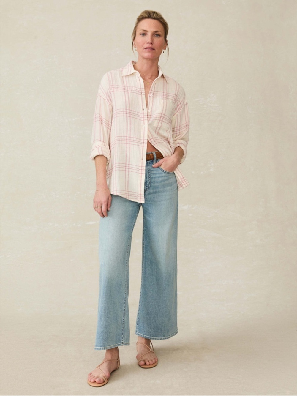 Faherty Dune Cotton Gauze Relaxed Shirt Rose Cove Plaid Long Sleeve Top Medium